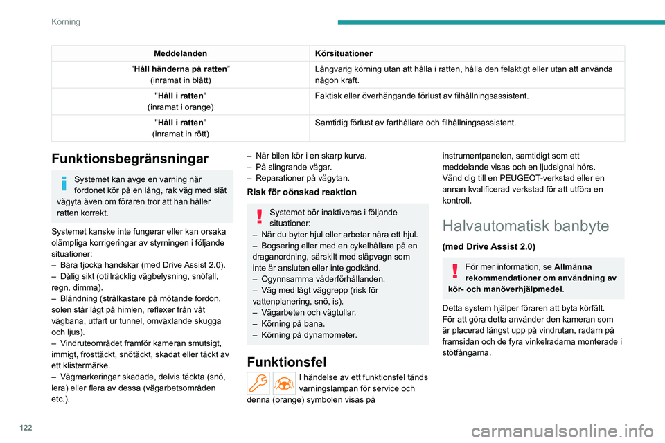 PEUGEOT 408 2023  Bruksanvisningar (in Swedish) 122
Körning
MeddelandenKörsituationer
”Håll händerna på ratten” (inramat in blått) Långvarig körning utan att hålla i ratten, hålla den felakti\
gt eller utan att använda 
någon kraft.