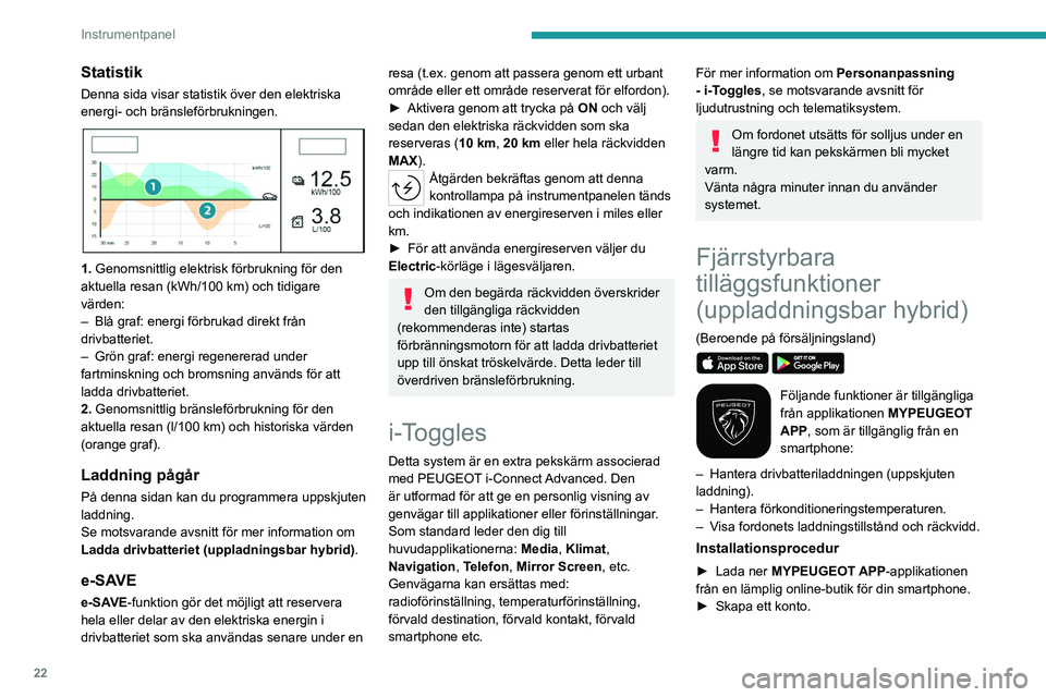 PEUGEOT 408 2023 Bruksanvisningar (in Swedish) 22
Instrumentpanel
Statistik
Denna sida visar statistik över den elektriska
energi- och bränsleförbrukningen.
1. Genomsnittlig elektrisk förbrukning för den
aktuella resan (kWh/100 km) och PEUGEOT 408 2023 Bruksanvisningar (in Swedish) 22
Instrumentpanel
Statistik
Denna sida visar statistik över den elektriska
energi- och bränsleförbrukningen.
1. Genomsnittlig elektrisk förbrukning för den
aktuella resan (kWh/100 km) och