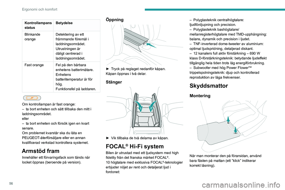 PEUGEOT 408 2023 Bruksanvisningar (in Swedish) 56
Ergonomi och komfort
Kontrollampans
statusBetydelse
Blinkande
orange Detektering av ett
främmande föremål i
laddningsområdet.
Utrustningen är
dåligt centrerad i
laddningsområdet.
Fast PEUGEOT 408 2023 Bruksanvisningar (in Swedish) 56
Ergonomi och komfort
Kontrollampans
statusBetydelse
Blinkande
orange Detektering av ett
främmande föremål i
laddningsområdet.
Utrustningen är
dåligt centrerad i
laddningsområdet.
Fast