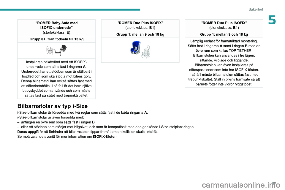 PEUGEOT 408 2023  Bruksanvisningar (in Swedish) 87
Säkerhet
5”RÖMER Baby-Safe med ISOFIX-underrede”(storleksklass: E)
Grupp 0+: från födseln till 13 kg
 
 
Installeras bakåtvänd med ett ISOFIX- underrede som sätts fast i ringarna  A.
Und
