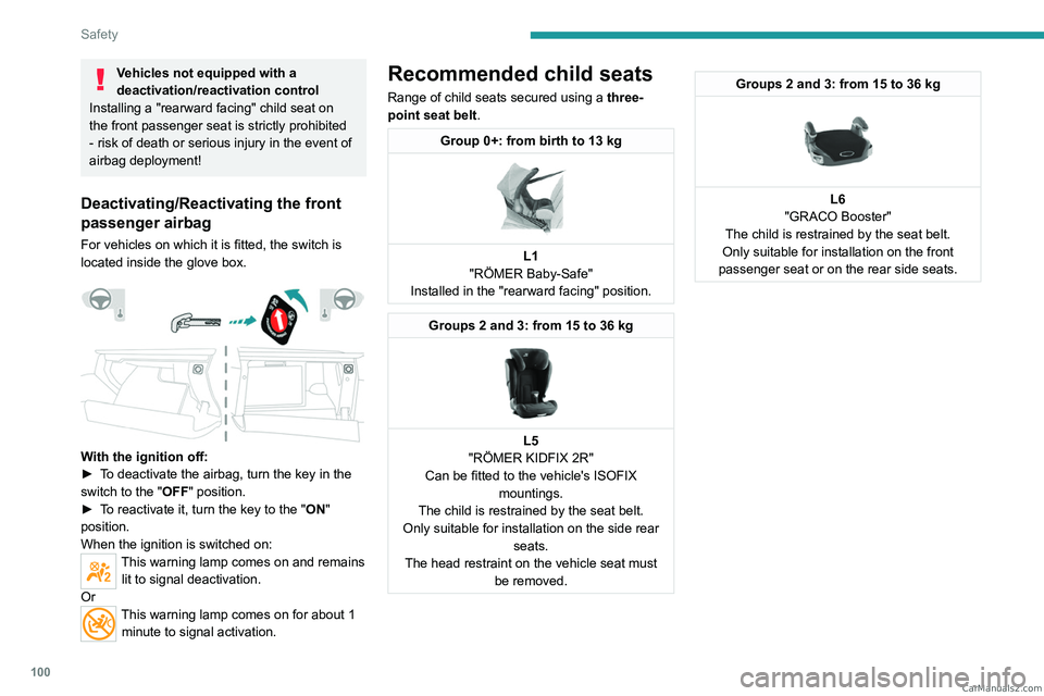 PEUGEOT 5008 2023  Owners Manual 100
Safety
Vehicles not equipped with a 
deactivation/reactivation control
Installing a "rearward
  facing" child seat on 
the front passenger seat is strictly prohibited 
- risk of death or s