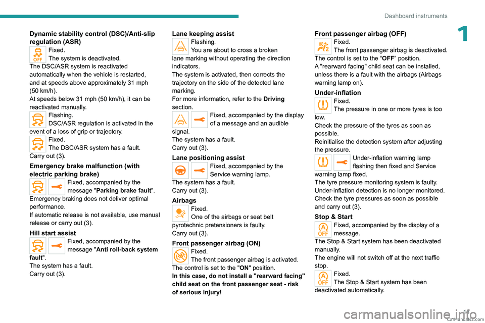 PEUGEOT 5008 2023  Owners Manual 15
Dashboard instruments
1Dynamic stability control (DSC)/Anti-slip 
regulation (ASR)
Fixed.
The system is deactivated.
The DSC/ASR system is reactivated 
automatically when the vehicle is restarted, 