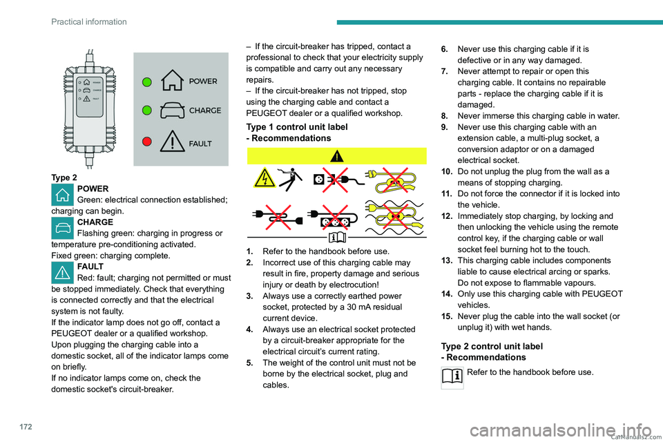 PEUGEOT 5008 2023  Owners Manual 172
Practical information
 
 
Type 2POWER
Green: electrical connection established; 
charging can begin. 
CHARGE
Flashing green: charging in progress or 
temperature pre-conditioning activated.
Fixed 