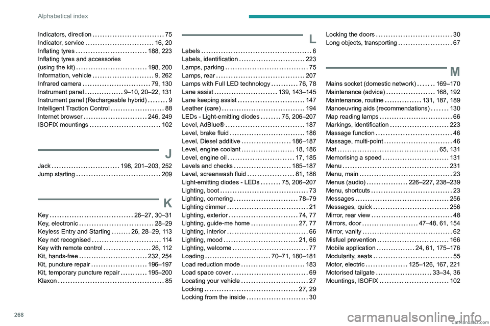 PEUGEOT 5008 2023  Owners Manual 268
Alphabetical index
Indicators, direction     75
Indicator, service     
16, 20
Inflating tyres
    
188, 223
Inflating tyres and accessories   
(using the kit)
    
198, 200
Information, vehicle
 