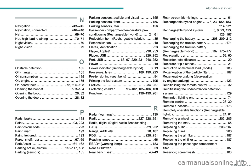 PEUGEOT 5008 2023 Owners Guide 269
Alphabetical index
N
Navigation 243–245
Navigation, connected
246–248
Net
69–70
Net, high load retaining
70–71
Night vision
79
Night Vision
79
O
Obstacle detec PEUGEOT 5008 2023 Owners Guide 269
Alphabetical index
N
Navigation 243–245
Navigation, connected
246–248
Net
69–70
Net, high load retaining
70–71
Night vision
79
Night Vision
79
O
Obstacle detec