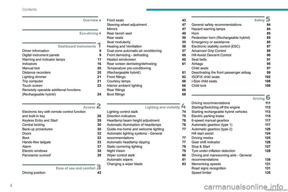 PEUGEOT 5008 2023  Owners Manual 2
Contents
  ■
Overview
  ■
Eco-driving
 1Dashboard instrumentsDriver information  9
Digital instrument panels  9
Warning and indicator lamps  11
Indicators  16
Manual test  20
Distance reco