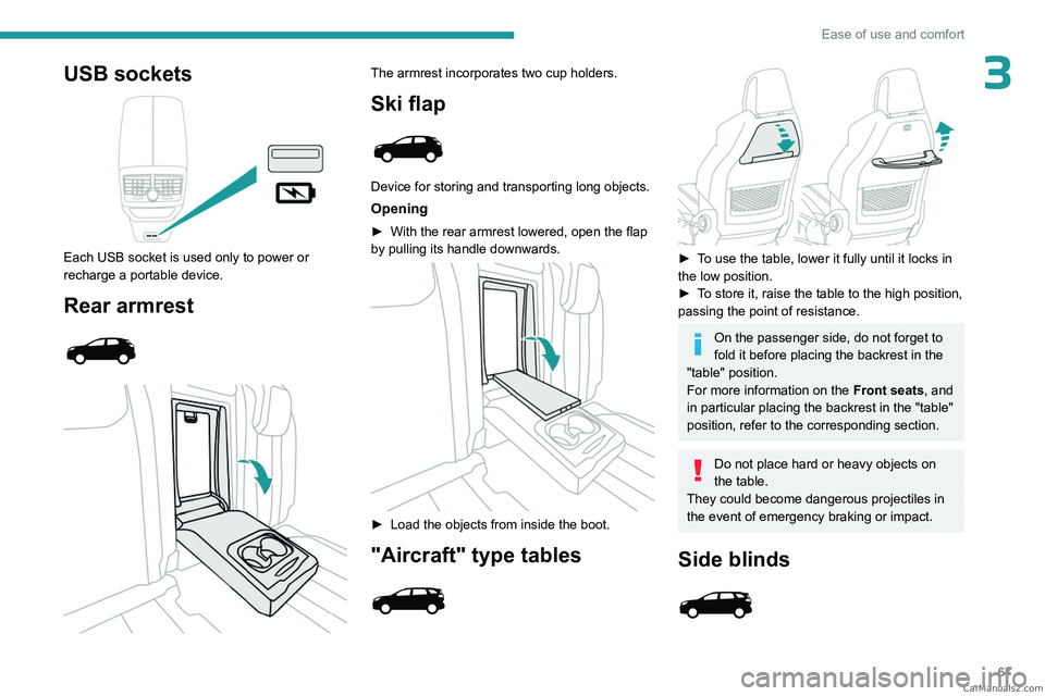 PEUGEOT 5008 2023 Repair Manual 67
Ease of use and comfort
3USB sockets 
 
Each USB socket is used only to power or 
recharge a portable device.
Rear armrest 
 
 
 
The armrest incorporates two cup holders.
Ski flap 
 
Device for st