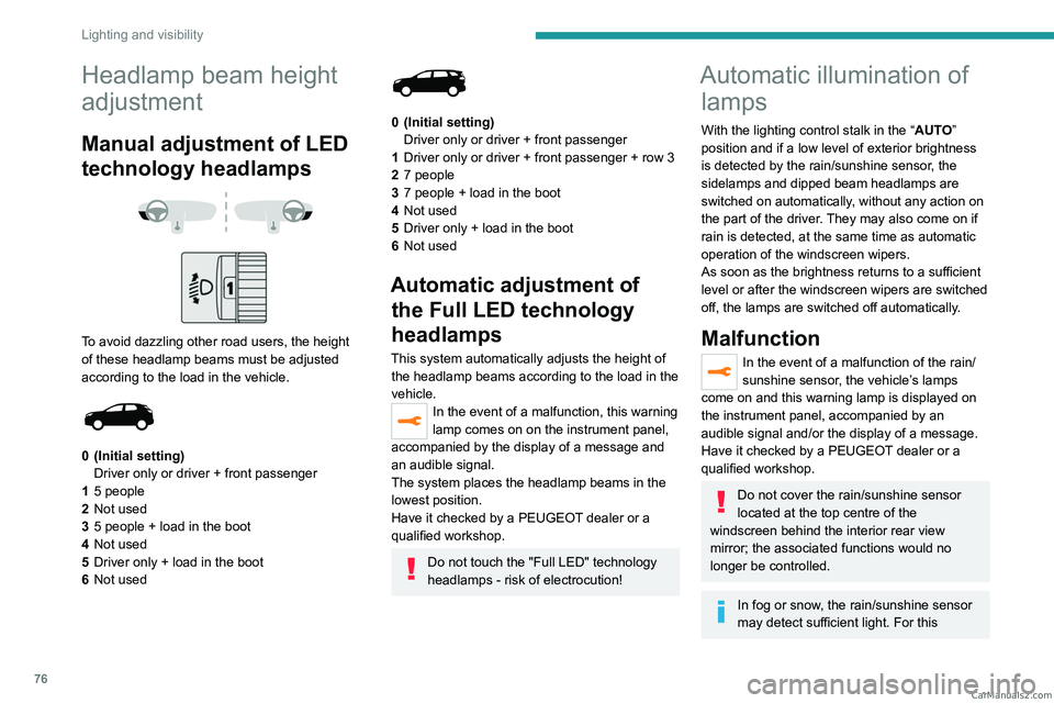 PEUGEOT 5008 2023  Owners Manual 76
Lighting and visibility
Headlamp beam height 
adjustment
Manual adjustment of LED 
technology headlamps
 
 
 
 
To avoid dazzling other road users, the height 
of these headlamp beams must be adjus