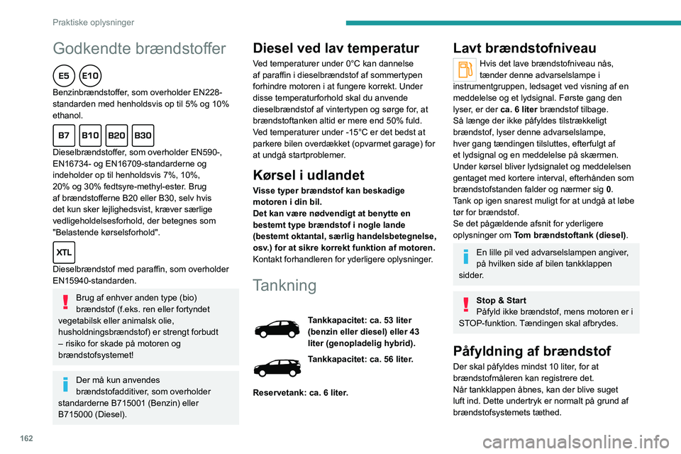 PEUGEOT 5008 2023 Brugsanvisning (in Danish) 162
Praktiske oplysninger
Godkendte brændstoffer
Benzinbrændstoffer, som overholder EN228-
standarden med henholdsvis op til 5% og 10%
ethanol.
Dieselbrændstoffer, som overholder EN590-,
EN1 PEUGEOT 5008 2023 Brugsanvisning (in Danish) 162
Praktiske oplysninger
Godkendte brændstoffer
Benzinbrændstoffer, som overholder EN228-
standarden med henholdsvis op til 5% og 10%
ethanol.
Dieselbrændstoffer, som overholder EN590-,
EN1