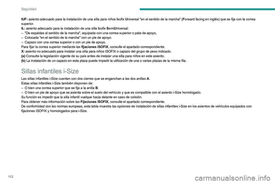 PEUGEOT 5008 2023 Manual del propietario (in Spanish) 11 2
Seguridad
IUF: asiento adecuado para la instalación de una silla para niños Isofix Universal "en el sentido de la marcha" (F orward facing en inglés) que se fija con la correa
superio PEUGEOT 5008 2023 Manual del propietario (in Spanish) 11 2
Seguridad
IUF: asiento adecuado para la instalación de una silla para niños Isofix Universal "en el sentido de la marcha" (F orward facing en inglés) que se fija con la correa
superio