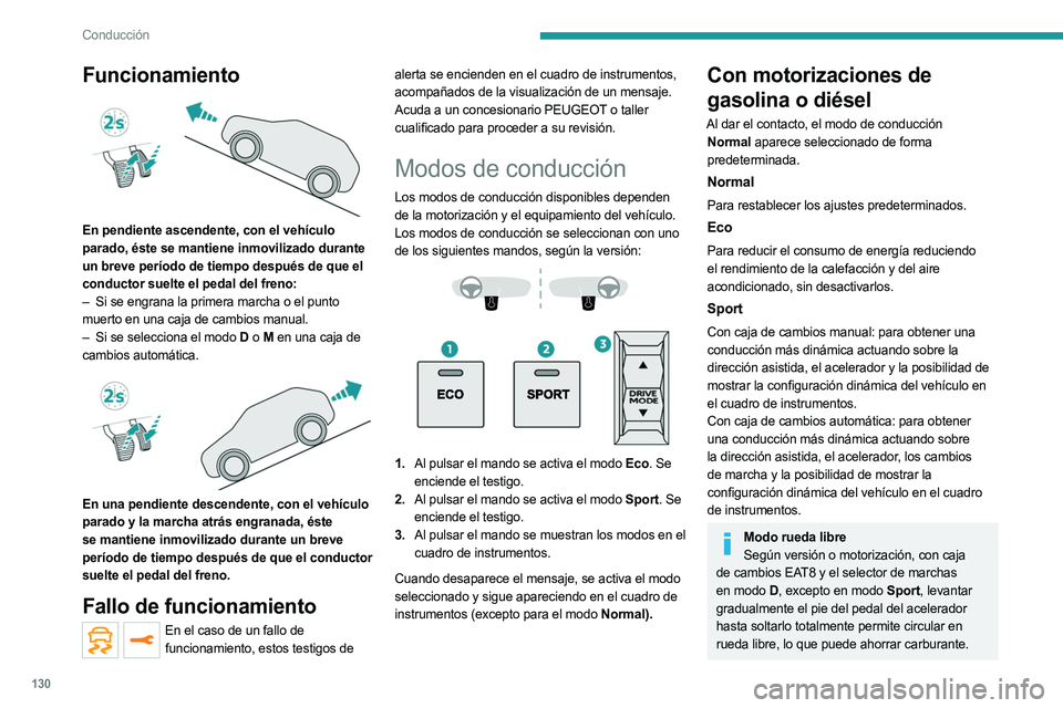 PEUGEOT 5008 2023  Manual del propietario (in Spanish) 130
Conducción
Funcionamiento 
 
En pendiente ascendente, con el vehículo 
parado, éste se mantiene inmovilizado durante 
un breve período de tiempo después de que el 
conductor suelte el pedal d