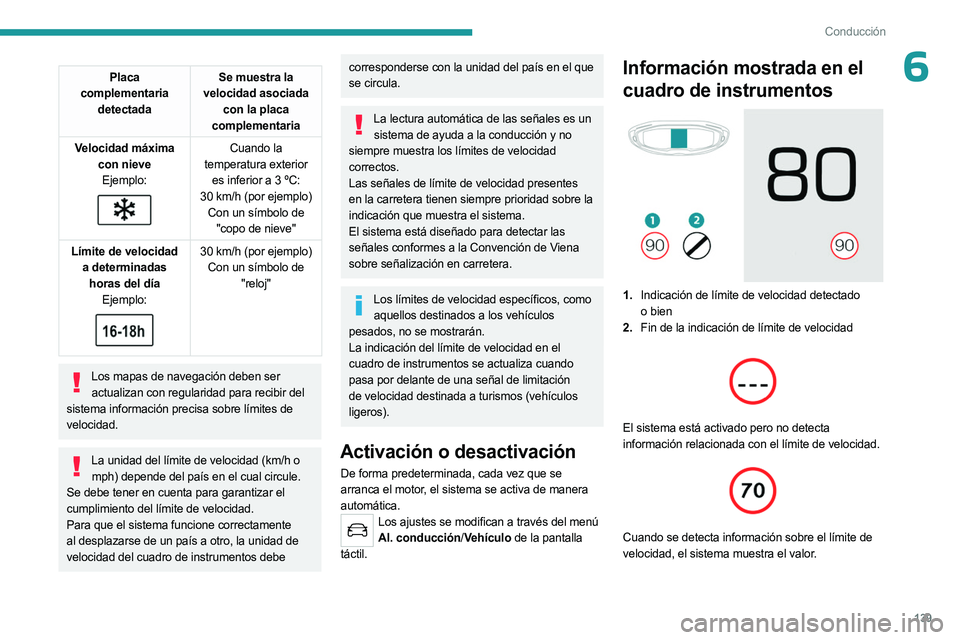 PEUGEOT 5008 2023 Manual del propietario (in Spanish) 139
Conducción
6Placa
complementaria detectada Se muestra la
velocidad asociada con la placa
complementaria
Velocidad máxima con nieveEjemplo:
Cuando la
temperatura exterior es inferior PEUGEOT 5008 2023 Manual del propietario (in Spanish) 139
Conducción
6Placa
complementaria detectada Se muestra la
velocidad asociada con la placa
complementaria
Velocidad máxima con nieveEjemplo:
Cuando la
temperatura exterior es inferior