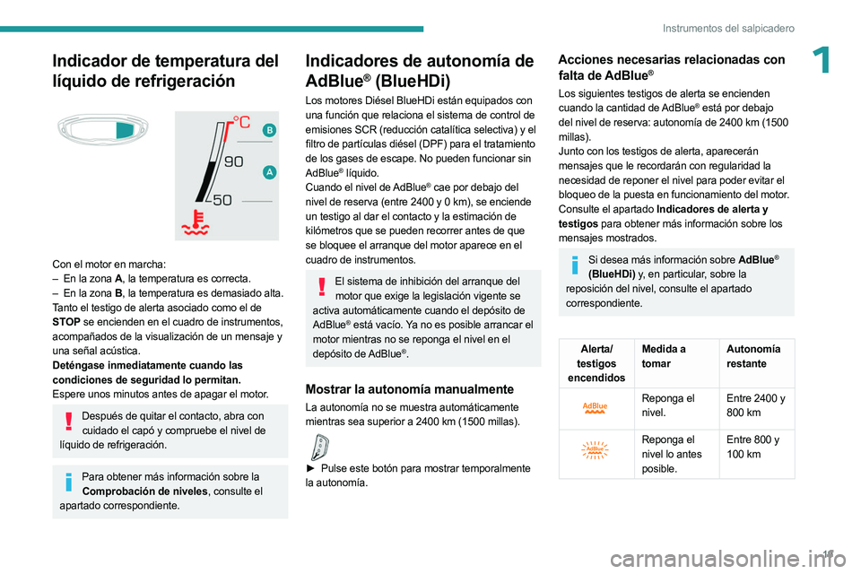 PEUGEOT 5008 2023  Manual del propietario (in Spanish) 19
Instrumentos del salpicadero
1Indicador de temperatura del 
líquido de refrigeración
 
 
Con el motor en marcha:
– En la zona  A, la temperatura es correcta.
–
 
En la zona 
 B, la temperatur