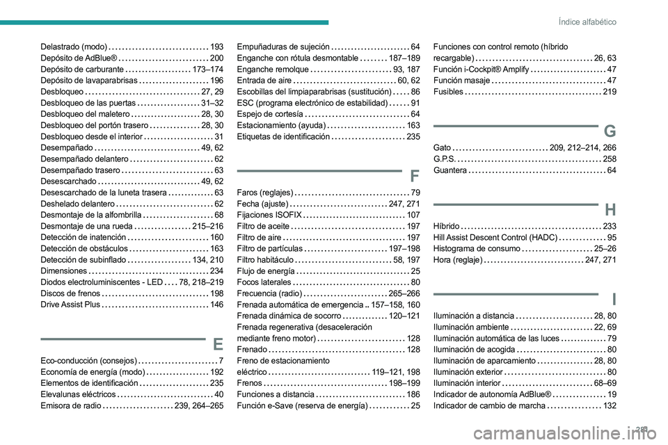 PEUGEOT 5008 2023  Manual del propietario (in Spanish) 281
Índice alfabético
Delastrado (modo)    193
Depósito  de AdBlue®     
200
Depósito de carburante
   
173–174
Depósito de lavaparabrisas
   
196
Desbloqueo
    
27, 29
Desbloqueo de las puer
