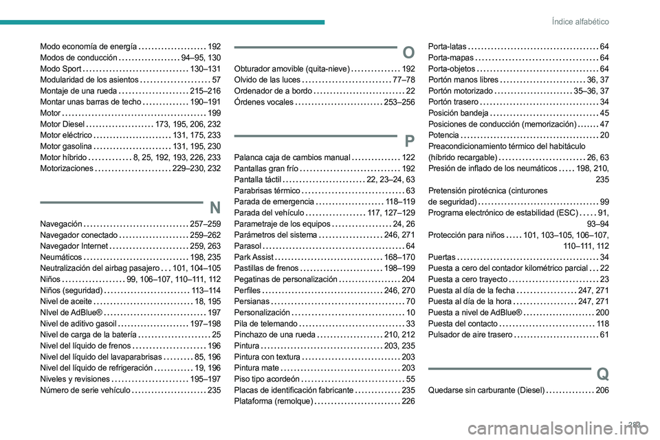 PEUGEOT 5008 2023  Manual del propietario (in Spanish) 283
Índice alfabético
Modo economía de energía    192
Modos de conducción    
94–95, 130
Modo Sport
    
130–131
Modularidad de los asientos
   
57
Montaje de una rueda
   
215–216
Montar u