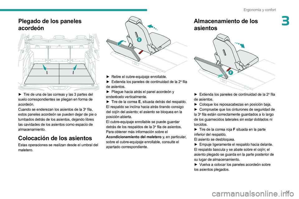 PEUGEOT 5008 2023 Manual del propietario (in Spanish) 55
Ergonomía y confort
3Plegado de los paneles
acordeón
► Tire de una de las correas y las 3 partes del
suelo correspondientes se pliegan en forma de
acordeón.
Cuando se enderezan los asie PEUGEOT 5008 2023 Manual del propietario (in Spanish) 55
Ergonomía y confort
3Plegado de los paneles
acordeón
► Tire de una de las correas y las 3 partes del
suelo correspondientes se pliegan en forma de
acordeón.
Cuando se enderezan los asie