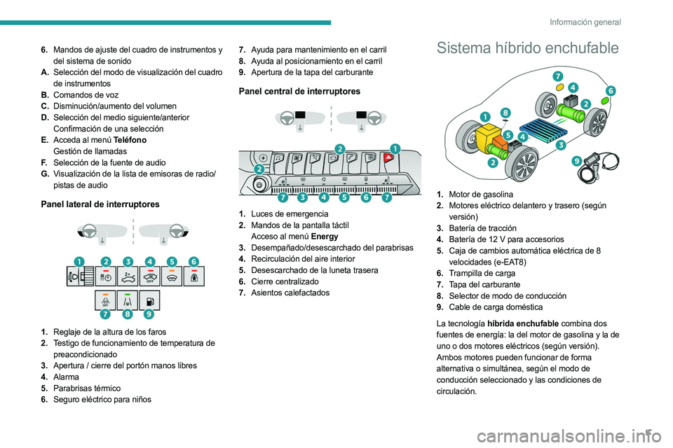 PEUGEOT 5008 2023 Manual del propietario (in Spanish) 5
Información general
6.Mandos de ajuste del cuadro de instrumentos y
del sistema de sonido
A. Selección del modo de visualización del cuadro
de instrumentos
B. Comandos de voz
C. Disminución/au PEUGEOT 5008 2023 Manual del propietario (in Spanish) 5
Información general
6.Mandos de ajuste del cuadro de instrumentos y
del sistema de sonido
A. Selección del modo de visualización del cuadro
de instrumentos
B. Comandos de voz
C. Disminución/au