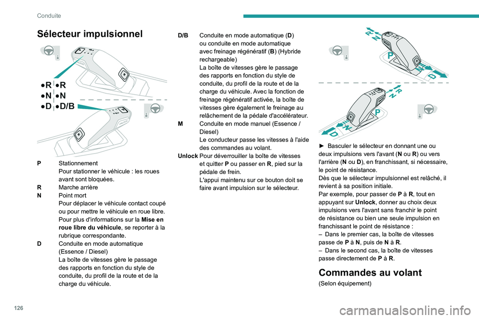 PEUGEOT 5008 2023  Manuel du propriétaire (in French) 126
Conduite
Sélecteur impulsionnel 
 
PStationnement
Pour stationner le véhicule
  : les roues 
avant sont bloquées.
R Marche arrière
N Point mort
Pour déplacer le véhicule contact coupé 
ou p