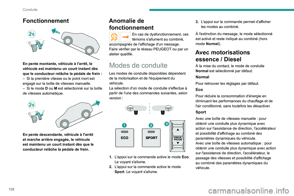 PEUGEOT 5008 2023  Manuel du propriétaire (in French) 130
Conduite
Fonctionnement 
 
En pente montante, véhicule à l'arrêt, le 
véhicule est maintenu un court instant dès 
que le conducteur relâche la pédale de frein  :
–
 
Si la première v