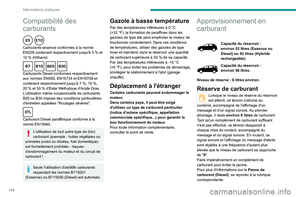 PEUGEOT 5008 2023  Manuel du propriétaire (in French) 174
Informations pratiques
Compatibilité des 
carburants
  
Carburants essence conformes à la norme 
EN228 contenant respectivement jusqu'à 5  % et 
10
  % d'éthanol.
  
Carburants Diesel 