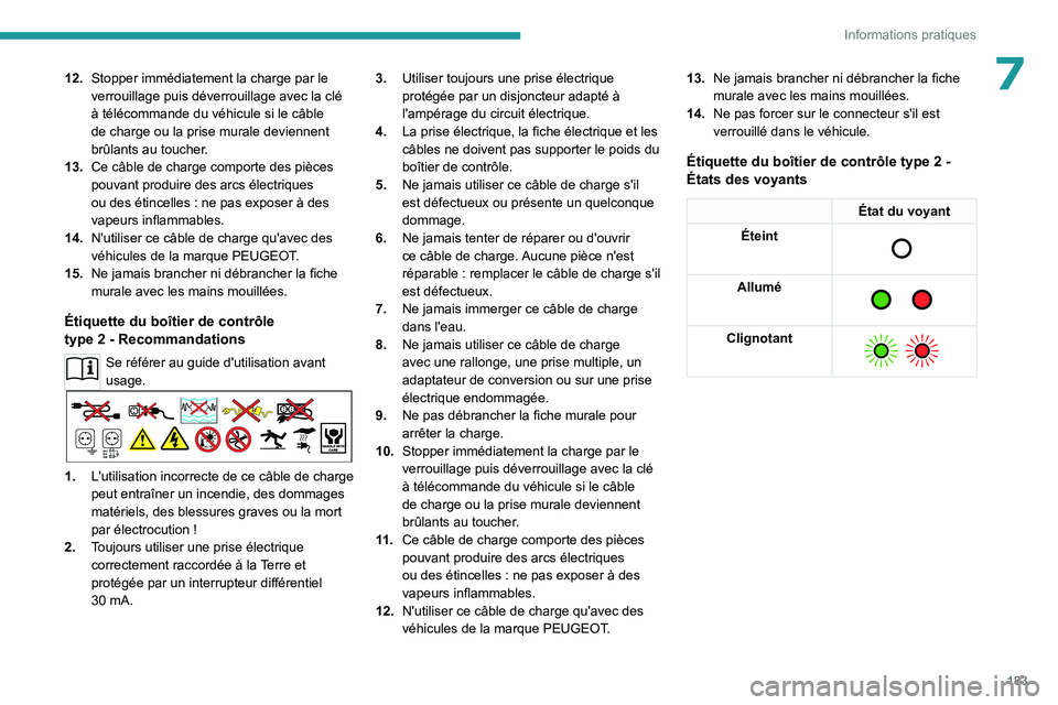 PEUGEOT 5008 2023  Manuel du propriétaire (in French) 183
Informations pratiques
712.Stopper immédiatement la charge par le 
verrouillage puis déverrouillage avec la clé 
à télécommande du véhicule si le câble 
de charge ou la prise murale devien