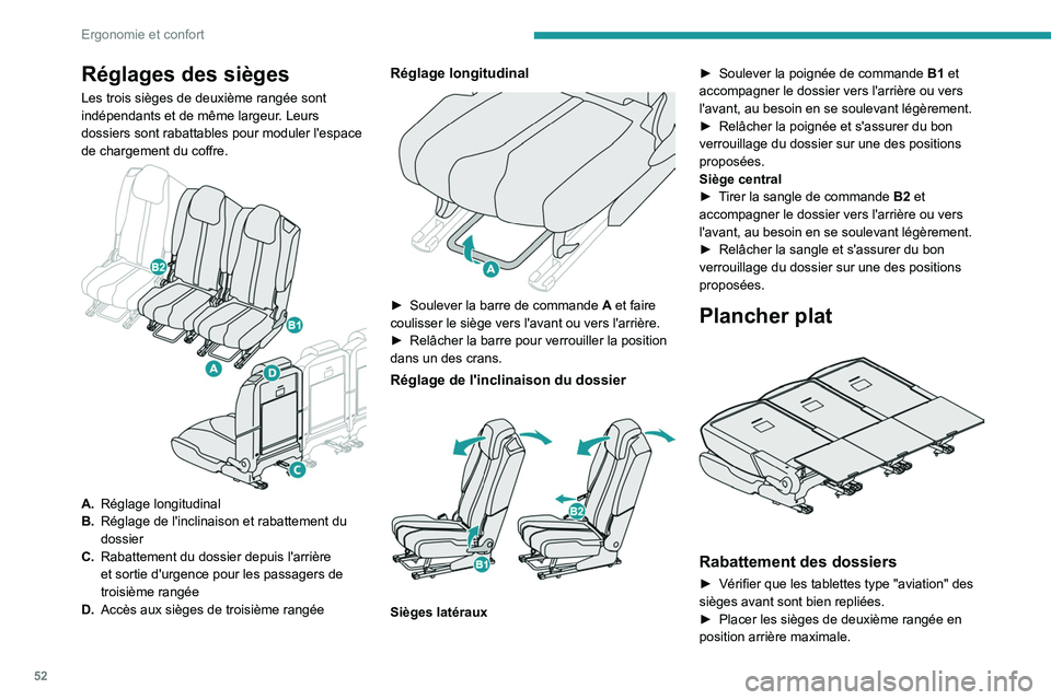 PEUGEOT 5008 2023  Manuel du propriétaire (in French) 52
Ergonomie et confort
Réglages des sièges
Les trois sièges de deuxième rangée sont 
indépendants et de même largeur. Leurs 
dossiers sont rabattables pour moduler l'espace 
de chargement 