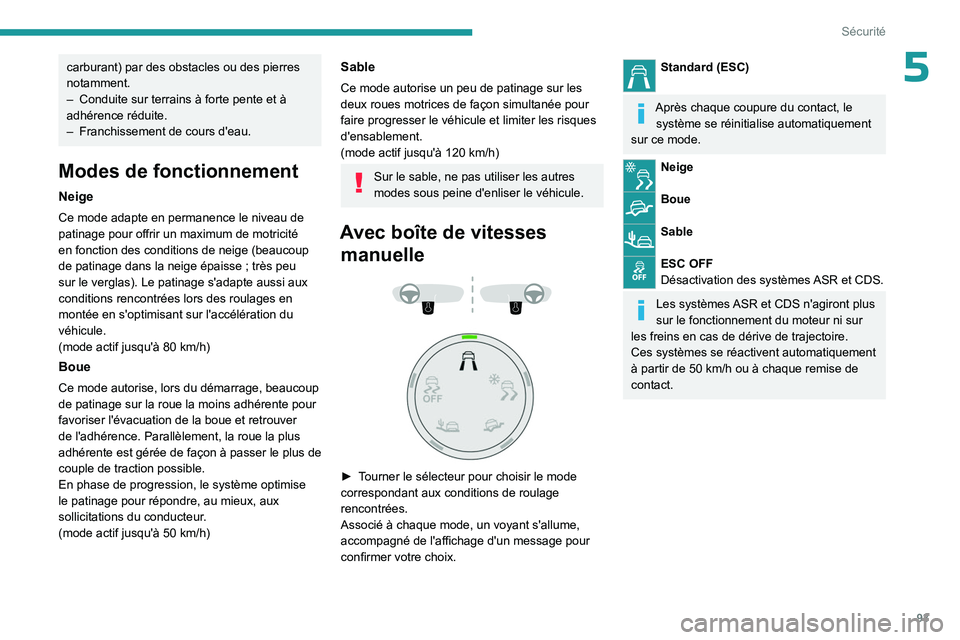 PEUGEOT 5008 2023  Manuel du propriétaire (in French) 93
Sécurité
5carburant) par des obstacles ou des pierres 
notamment.
– 
Conduite sur terrains à forte pente et à 
adhérence réduite.
–

 
Franchissement de cours d'eau.
Modes de fonction