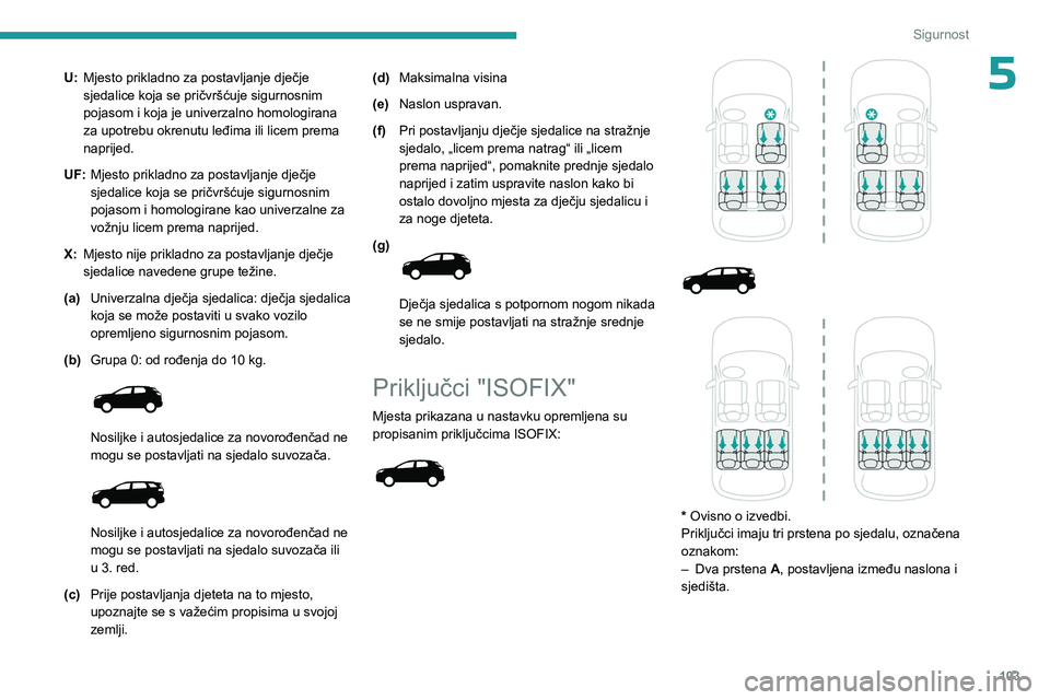PEUGEOT 5008 2023  Upute Za Rukovanje (in Croatian) 103
Sigurnost
5U:Mjesto prikladno za postavljanje dječje 
sjedalice koja se pričvršćuje sigurnosnim 
pojasom i koja je univerzalno homologirana 
za upotrebu okrenutu leđima ili licem prema 
napri