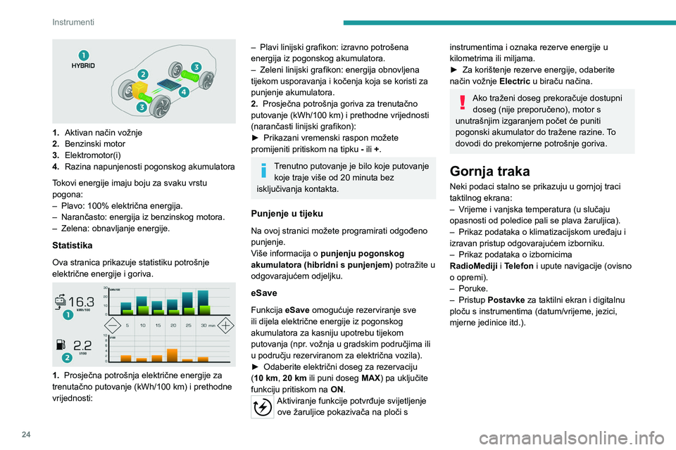 PEUGEOT 5008 2023  Upute Za Rukovanje (in Croatian) 24
Instrumenti
1.Aktivan način vožnje
2. Benzinski motor
3. Elektromotor(i)
4. Razina napunjenosti pogonskog akumulatora
Tokovi energije imaju boju za svaku vrstu 
pogona: 
–
 
Plavo: 100% elektri