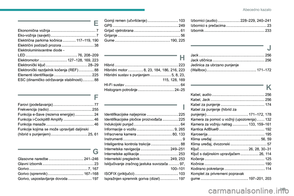 PEUGEOT 5008 2023  Upute Za Rukovanje (in Croatian) 269
Abecedno kazalo
E
Ekonomična vožnja     7
Eko-vožnja (savjeti)     
7
Električna parkirna kočnica
    
117–119, 190
Električni podizači prozora
    
38
Elektroluminiscentne diode -   
LED