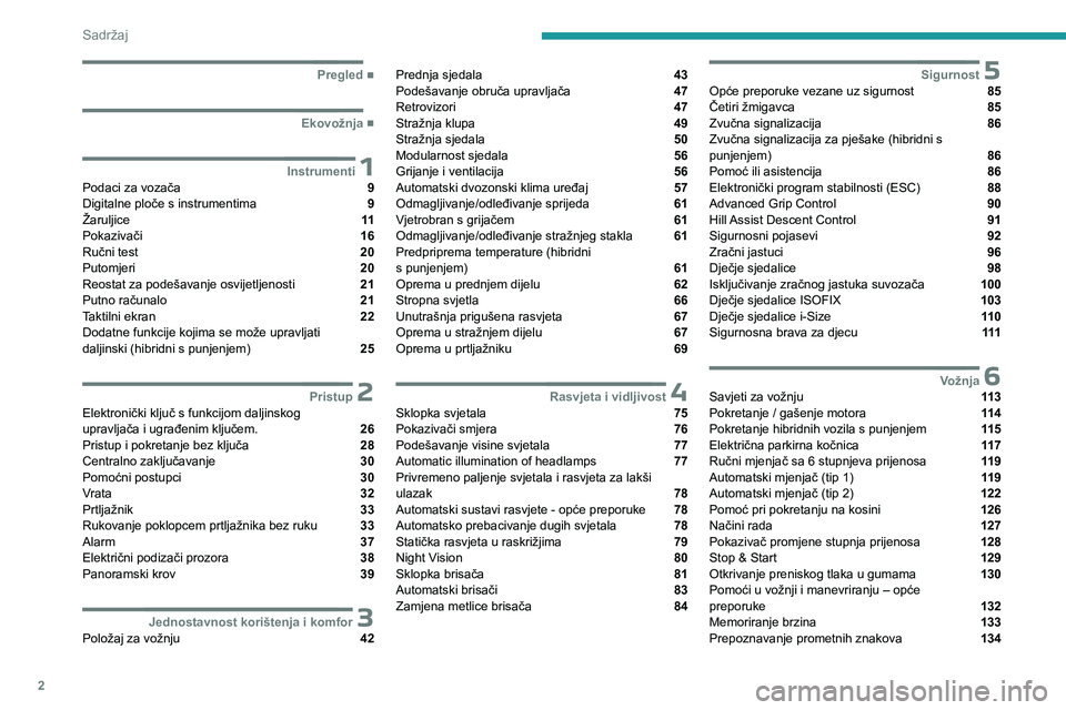 PEUGEOT 5008 2023  Upute Za Rukovanje (in Croatian) 2
Sadržaj
  ■
Pregled
  ■
Ekovožnja
 1InstrumentiPodaci za vozača  9
Digitalne ploče s instrumentima  9
Žaruljice  11
Pokazivači  16
Ručni test  20
Putomjeri  20
Reostat za podešavan