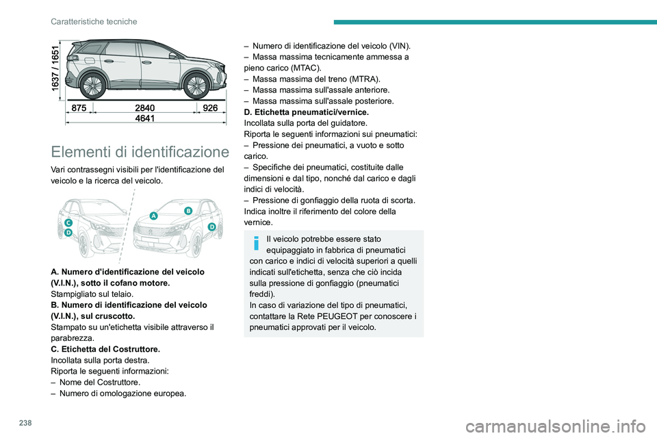 PEUGEOT 5008 2023 Manuale duso (in Italian) 238
Caratteristiche tecniche
Elementi di identificazione
Vari contrassegni visibili per l'identificazione del
veicolo e la ricerca del veicolo.
A. Numero d'identificazione del veicolo
PEUGEOT 5008 2023 Manuale duso (in Italian) 238
Caratteristiche tecniche
Elementi di identificazione
Vari contrassegni visibili per l'identificazione del
veicolo e la ricerca del veicolo.
A. Numero d'identificazione del veicolo