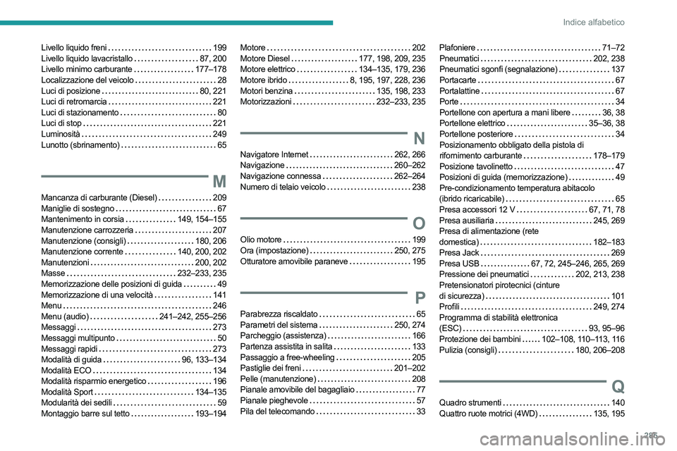 PEUGEOT 5008 2023 Manuale duso (in Italian) 285
Indice alfabetico
Livello liquido freni 199
Livello liquido lavacristallo
87, 200
Livello minimo carburante
177–178
Localizzazione del veicolo
28
Luci di posizione
80, 221
Lu PEUGEOT 5008 2023 Manuale duso (in Italian) 285
Indice alfabetico
Livello liquido freni 199
Livello liquido lavacristallo
87, 200
Livello minimo carburante
177–178
Localizzazione del veicolo
28
Luci di posizione
80, 221
Lu