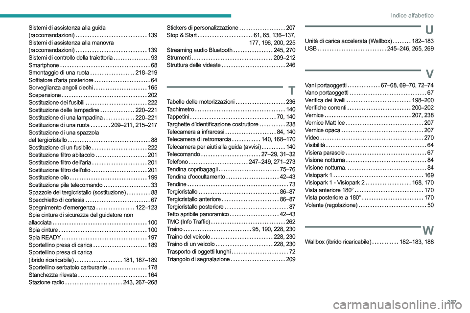 PEUGEOT 5008 2023 Manuale duso (in Italian) 287
Indice alfabetico
Sistemi di assistenza alla guida
(raccomandazioni) 139
Sistemi di assistenza alla manovra
(raccomandazioni)
139
Sistemi di controllo della traiettoria
93
Smartph PEUGEOT 5008 2023 Manuale duso (in Italian) 287
Indice alfabetico
Sistemi di assistenza alla guida
(raccomandazioni) 139
Sistemi di assistenza alla manovra
(raccomandazioni)
139
Sistemi di controllo della traiettoria
93
Smartph