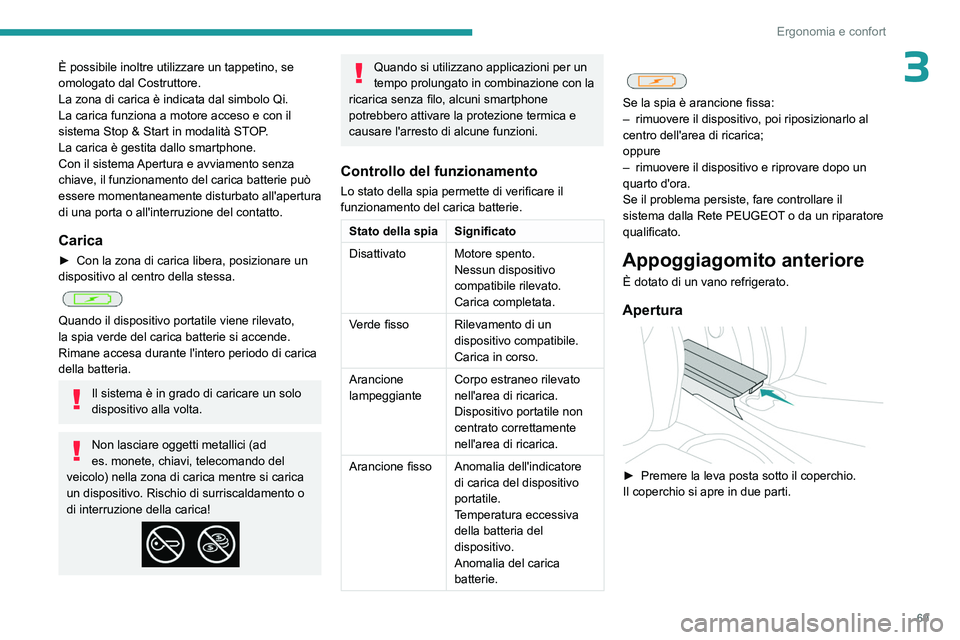 PEUGEOT 5008 2023 Manuale duso (in Italian) 69
Ergonomia e confort
3È possibile inoltre utilizzare un tappetino, se
omologato dal Costruttore.
La zona di carica è indicata dal simbolo Qi.
La carica funziona a motore acceso e con il
sistema PEUGEOT 5008 2023 Manuale duso (in Italian) 69
Ergonomia e confort
3È possibile inoltre utilizzare un tappetino, se
omologato dal Costruttore.
La zona di carica è indicata dal simbolo Qi.
La carica funziona a motore acceso e con il
sistema