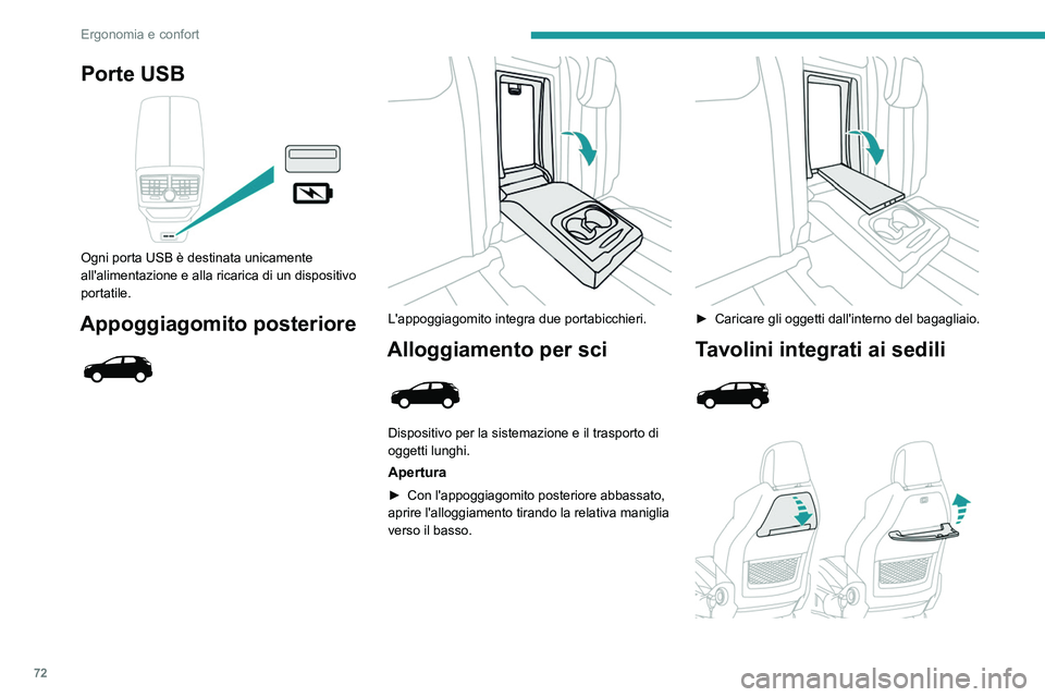 PEUGEOT 5008 2023 Manuale duso (in Italian) 72
Ergonomia e confort
Porte USB
Ogni porta USB è destinata unicamente
all'alimentazione e alla ricarica di un dispositivo
portatile.
Appoggiagomito posteriore
L'appoggiagomito in PEUGEOT 5008 2023 Manuale duso (in Italian) 72
Ergonomia e confort
Porte USB
Ogni porta USB è destinata unicamente
all'alimentazione e alla ricarica di un dispositivo
portatile.
Appoggiagomito posteriore
L'appoggiagomito in