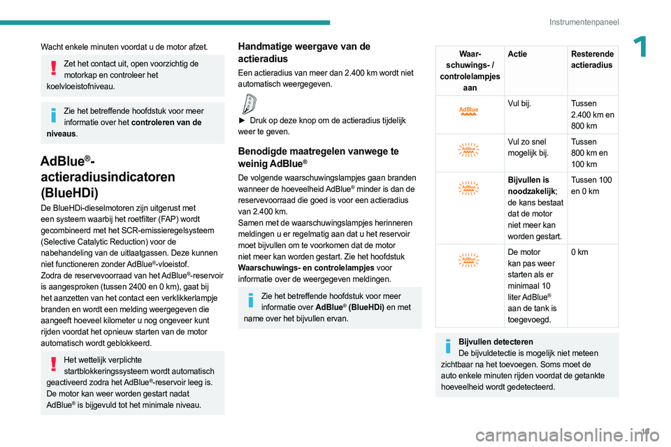 PEUGEOT 5008 2023 Instructieboekje (in Dutch) 19
Instrumentenpaneel
1Wacht enkele minuten voordat u de motor afzet.
Zet het contact uit, open voorzichtig de motorkap en controleer het
koelvloeistofniveau.
Zie het betreffende hoofdstuk voor meer PEUGEOT 5008 2023 Instructieboekje (in Dutch) 19
Instrumentenpaneel
1Wacht enkele minuten voordat u de motor afzet.
Zet het contact uit, open voorzichtig de motorkap en controleer het
koelvloeistofniveau.
Zie het betreffende hoofdstuk voor meer