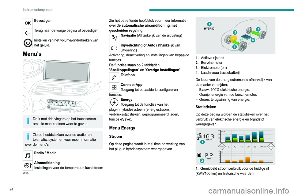 PEUGEOT 5008 2023 Instructieboekje (in Dutch) 24
Instrumentenpaneel
Bevestigen
Terug naar de vorige pagina of bevestigen
Instellen van het volume/onderbreken van
het geluid.
Menu's
Druk met drie vingers op het touchscreen
om alle men PEUGEOT 5008 2023 Instructieboekje (in Dutch) 24
Instrumentenpaneel
Bevestigen
Terug naar de vorige pagina of bevestigen
Instellen van het volume/onderbreken van
het geluid.
Menu's
Druk met drie vingers op het touchscreen
om alle men