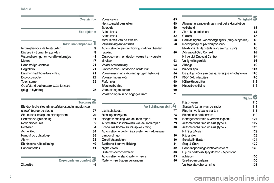PEUGEOT 5008 2023  Instructieboekje (in Dutch) 2
Inhoud
  ■
Overzicht
  ■
Eco-rijden
 1InstrumentenpaneelInformatie voor de bestuurder  9
Digitale instrumentenpanelen  9
Waarschuwings- en verklikkerlampjes  11
Meters  17
Handmatige contr