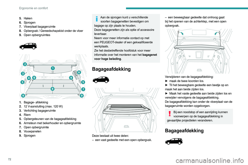 PEUGEOT 5008 2023 Instructieboekje (in Dutch) 72
Ergonomie en comfort
5.Haken
6. Sjorogen
7. Vloerplaat bagageruimte
8. Opbergvak / Gereedschapskist onder de vloer
9. Open opbergruimtes
1. Bagage- afdekking
2. 12 V-aansluiting (max. 120 W PEUGEOT 5008 2023 Instructieboekje (in Dutch) 72
Ergonomie en comfort
5.Haken
6. Sjorogen
7. Vloerplaat bagageruimte
8. Opbergvak / Gereedschapskist onder de vloer
9. Open opbergruimtes
1. Bagage- afdekking
2. 12 V-aansluiting (max. 120 W