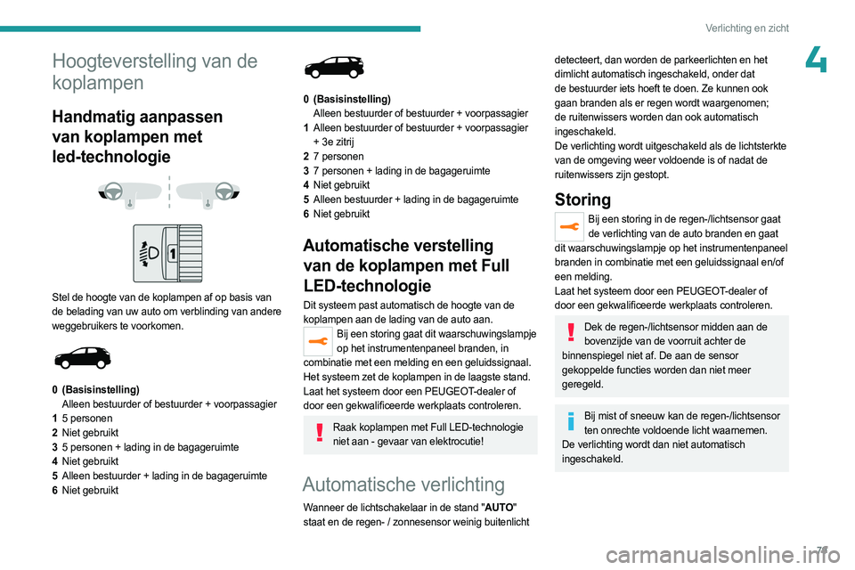 PEUGEOT 5008 2023 Instructieboekje (in Dutch) 79
Verlichting en zicht
4Hoogteverstelling van de
koplampen
Handmatig aanpassen
van koplampen met
led-technologie
Stel de hoogte van de koplampen af op basis van
de belading van uw auto om PEUGEOT 5008 2023 Instructieboekje (in Dutch) 79
Verlichting en zicht
4Hoogteverstelling van de
koplampen
Handmatig aanpassen
van koplampen met
led-technologie
Stel de hoogte van de koplampen af op basis van
de belading van uw auto om
