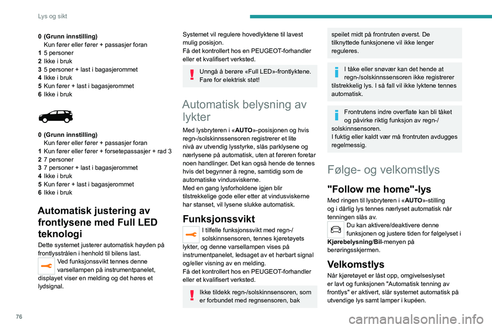 PEUGEOT 5008 2023 Instruksjoner for bruk (in Norwegian) 76
Lys og sikt
0 (Grunn innstilling)Kun fører eller fører + passasjer foran
1 5 personer
2 Ikke i bruk
3 5 personer + last i bagasjerommet
4 Ikke i bruk
5 Kun fører + last i bagasjerommet
6 Ikke i PEUGEOT 5008 2023 Instruksjoner for bruk (in Norwegian) 76
Lys og sikt
0 (Grunn innstilling)Kun fører eller fører + passasjer foran
1 5 personer
2 Ikke i bruk
3 5 personer + last i bagasjerommet
4 Ikke i bruk
5 Kun fører + last i bagasjerommet
6 Ikke i