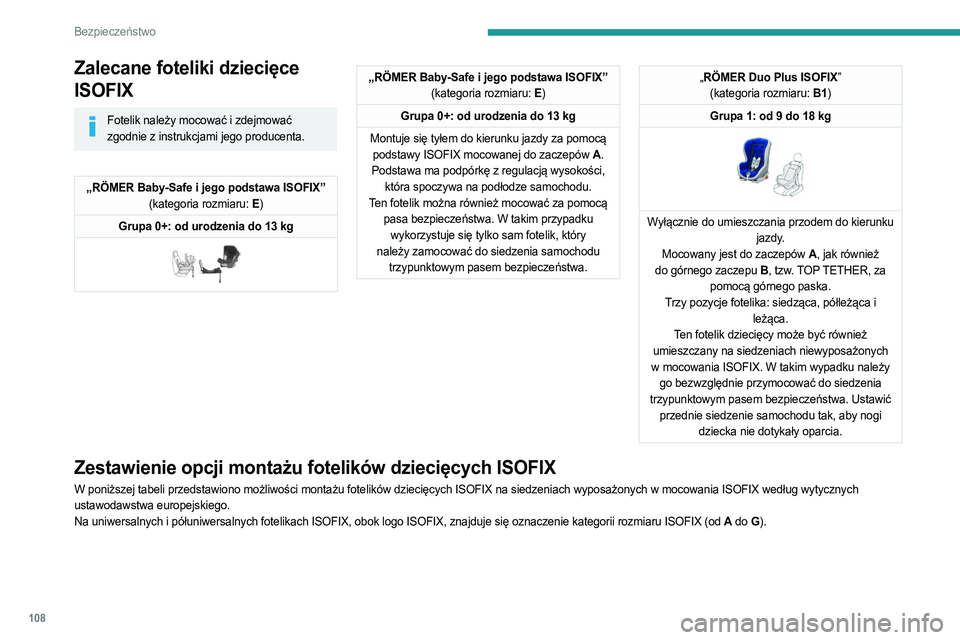 PEUGEOT 5008 2023  Instrukcja obsługi (in Polish) 108
Bezpieczeństwo
Zalecane foteliki dziecięce 
ISOFIX
Fotelik należy mocować i zdejmować zgodnie z instrukcjami jego producenta.
„RÖMER Baby-Safe i jego podstawa ISOFIX” (kategoria rozmiaru