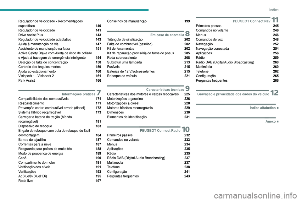 PEUGEOT 5008 2023  Manual de utilização (in Portuguese) 3
Índice
Regulador de velocidade - Recomendações  
específicas  140
Regulador de velocidade  141
Drive Assist  Plus  143
Regulador de velocidade adaptativo  143
Ajuda à manutenção de via  147
A
