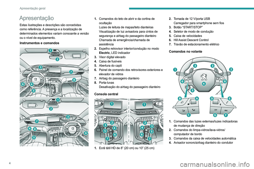 PEUGEOT 5008 2023  Manual de utilização (in Portuguese) 4
Apresentação geral
Apresentação
Estas ilustrações e descrições são concebidas 
como referência. A presença e a localização de 
determinados elementos variam consoante a versão 
ou o n�