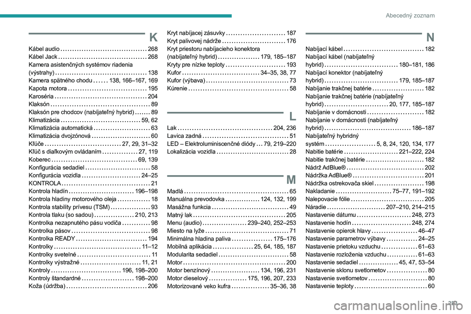 PEUGEOT 5008 2023 Návod na použitie (in Slovakian) 283
Abecedný zoznam
K
Kábel audio 268
Kábel Jack
268
Kamera asistenčných systémov riadenia
(výstrahy)
138
Kamera spätného chodu
138, 166–167, 169
Kapota motora
195
Ka PEUGEOT 5008 2023 Návod na použitie (in Slovakian) 283
Abecedný zoznam
K
Kábel audio 268
Kábel Jack
268
Kamera asistenčných systémov riadenia
(výstrahy)
138
Kamera spätného chodu
138, 166–167, 169
Kapota motora
195
Ka