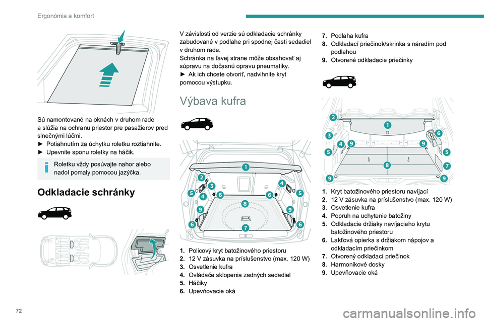 PEUGEOT 5008 2023 Návod na použitie (in Slovakian) 72
Ergonómia a komfort
Sú namontované na oknách v druhom rade
a slúžia na ochranu priestor pre pasažierov pred
slnečnými lúčmi.
►
Potiahnutím za úchytku roletku roztiahnite.
PEUGEOT 5008 2023 Návod na použitie (in Slovakian) 72
Ergonómia a komfort
Sú namontované na oknách v druhom rade
a slúžia na ochranu priestor pre pasažierov pred
slnečnými lúčmi.
►
Potiahnutím za úchytku roletku roztiahnite.