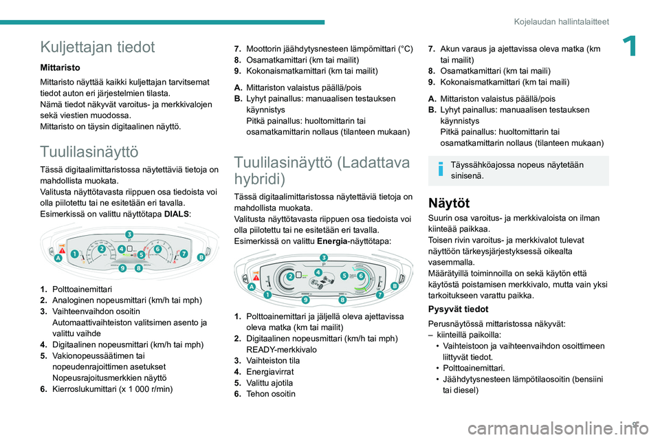 PEUGEOT 5008 2023 Omistajan Käsikirja (in Finnish) 9
Kojelaudan hallintalaitteet
1Kuljettajan tiedot
Mittaristo
Mittaristo näyttää kaikki kuljettajan tarvitsemat
tiedot auton eri järjestelmien tilasta.
Nämä tiedot näkyvät varoitus- ja merkkiv PEUGEOT 5008 2023 Omistajan Käsikirja (in Finnish) 9
Kojelaudan hallintalaitteet
1Kuljettajan tiedot
Mittaristo
Mittaristo näyttää kaikki kuljettajan tarvitsemat
tiedot auton eri järjestelmien tilasta.
Nämä tiedot näkyvät varoitus- ja merkkiv
