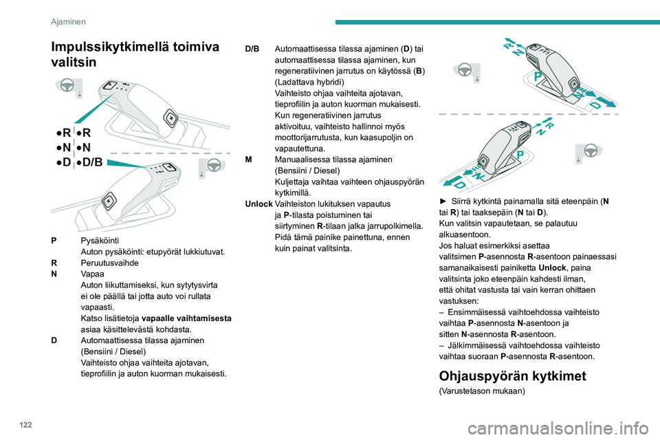 PEUGEOT 5008 2023  Omistajan Käsikirja (in Finnish) 122
Ajaminen
Impulssikytkimellä toimiva 
valitsin
 
 
PPysäköinti
Auton pysäköinti: etupyörät lukkiutuvat.
R Peruutusvaihde
N Vapaa
Auton liikuttamiseksi, kun sytytysvirta 
ei ole päällä tai