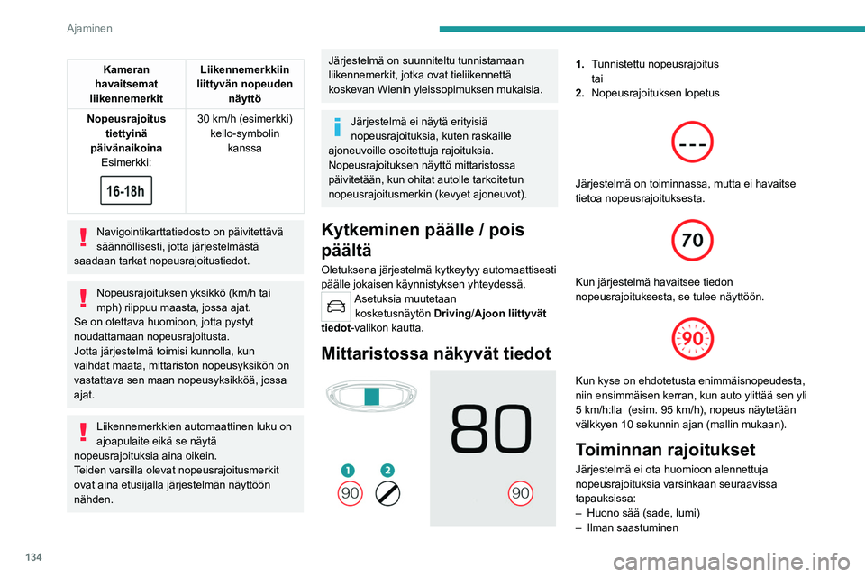 PEUGEOT 5008 2023 Omistajan Käsikirja (in Finnish) 134
Ajaminen
Kameran
havaitsemat
liikennemerkit Liikennemerkkiin
liittyvän nopeuden näyttö
Nopeusrajoitus tiettyinä
päivänaikoina Esimerkki:
30 km/h (esimerkki) kello-symbolin kanssa
PEUGEOT 5008 2023 Omistajan Käsikirja (in Finnish) 134
Ajaminen
Kameran
havaitsemat
liikennemerkit Liikennemerkkiin
liittyvän nopeuden näyttö
Nopeusrajoitus tiettyinä
päivänaikoina Esimerkki:
30 km/h (esimerkki) kello-symbolin kanssa
